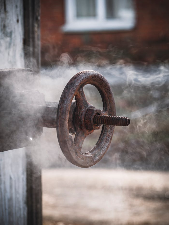 Close-up of a rusty industrial valve with steam, showcasing urban decay and industrial design.