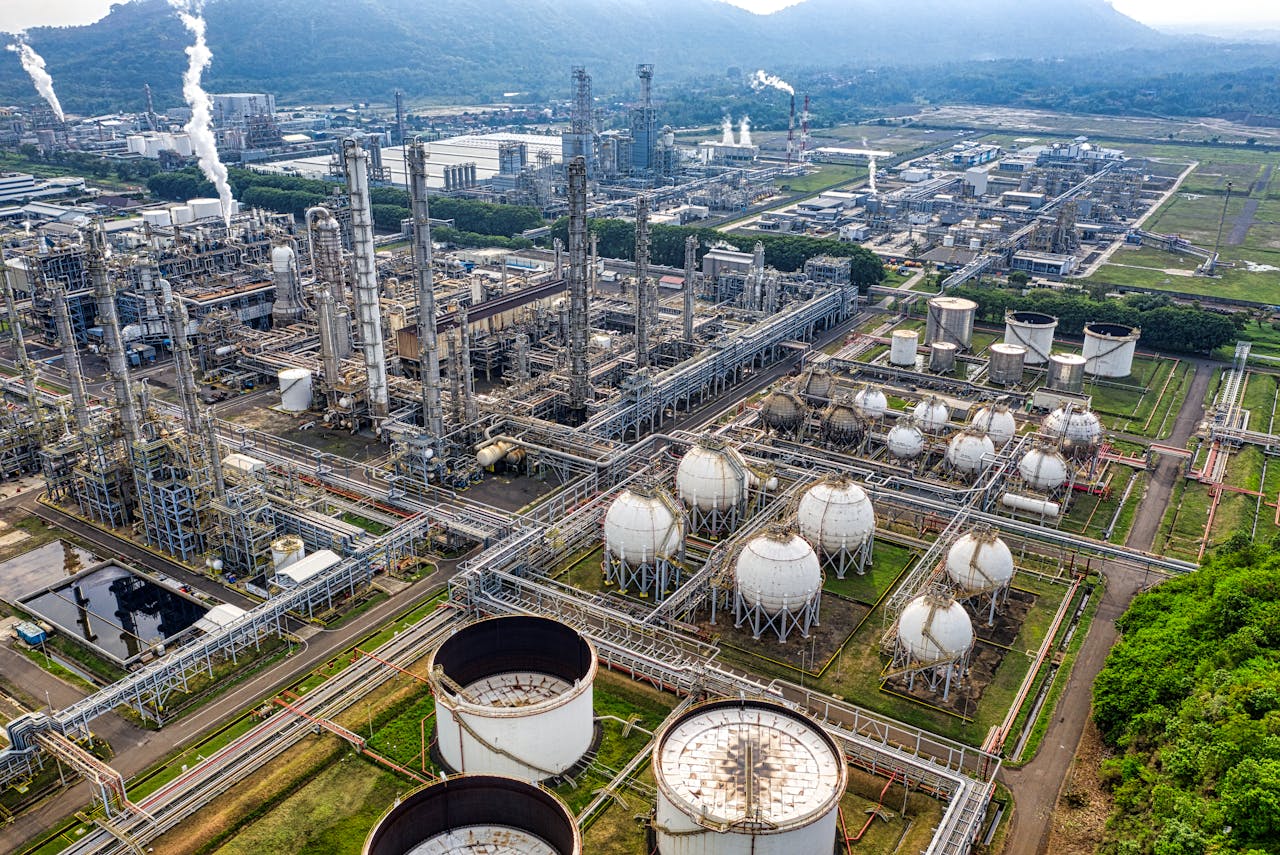 Extensive aerial shot of a large industrial refinery located in Banten, Indonesia.